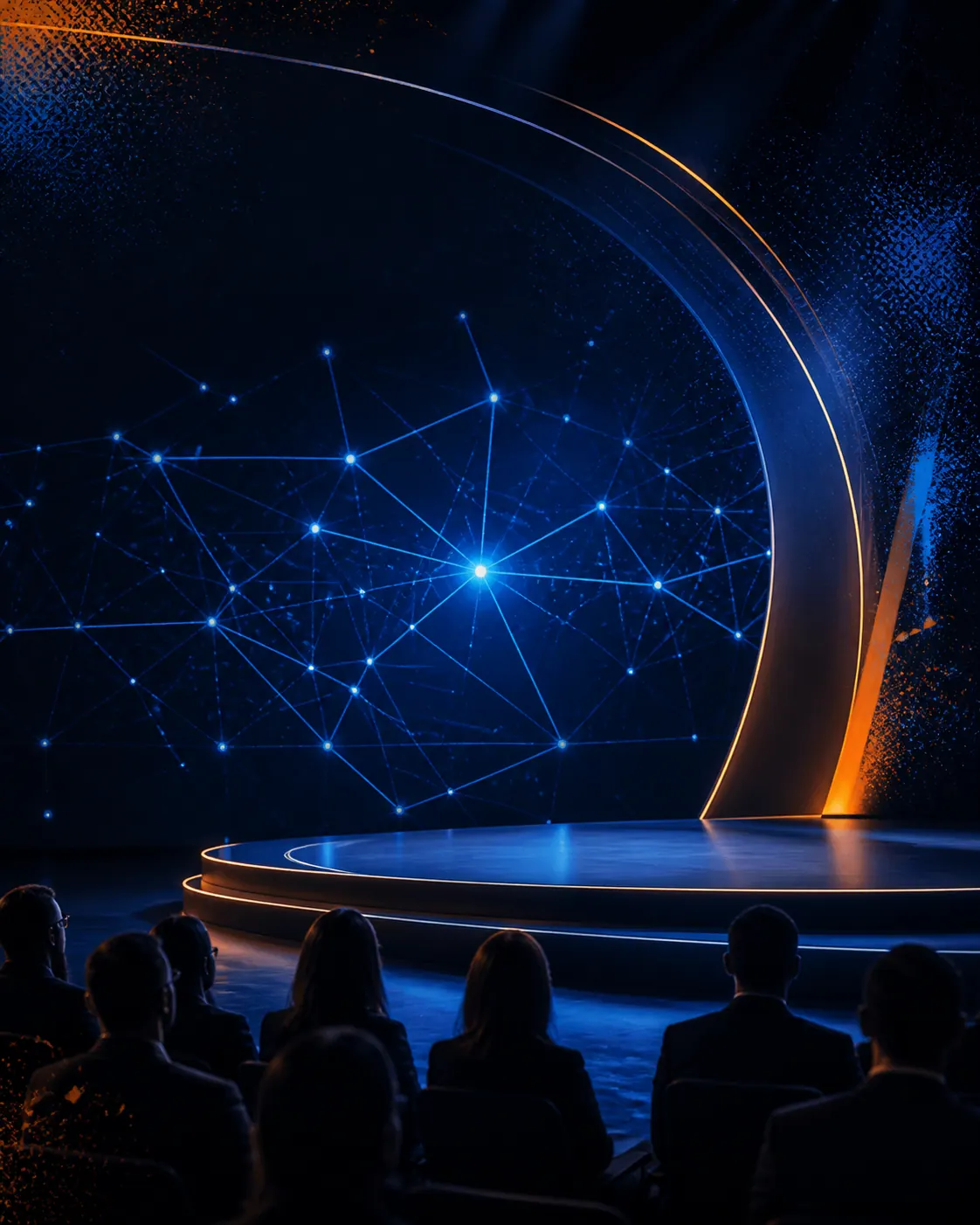Abstract AI Roadshow stage with enterprise audience and connected network visual